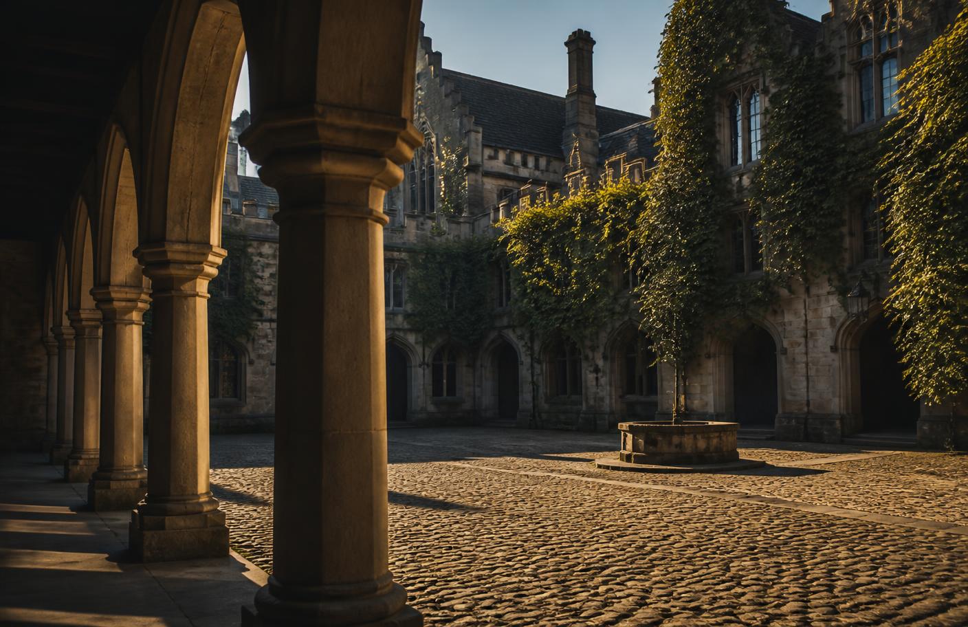 Stone university courtyard with cloister arches at golden hour