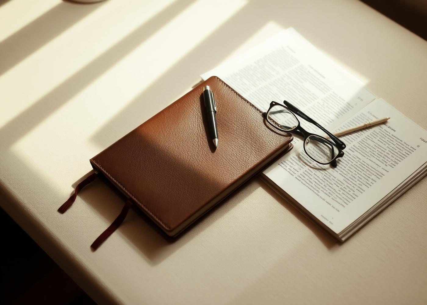 Notebook, pen, and manuscript pages on a desk